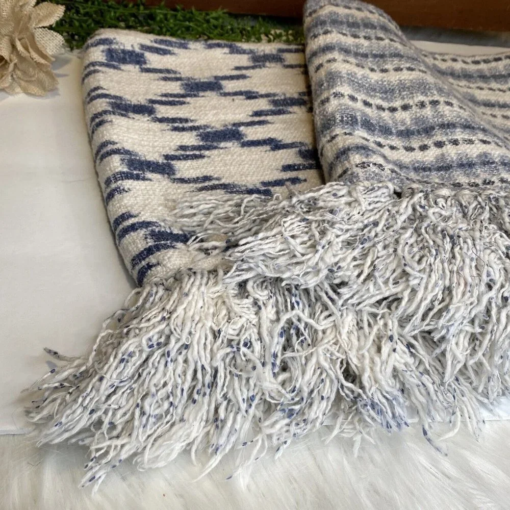 Set of 2 Zippered Fringe Pillow Shams Blue White Geometric Cotton Made in India